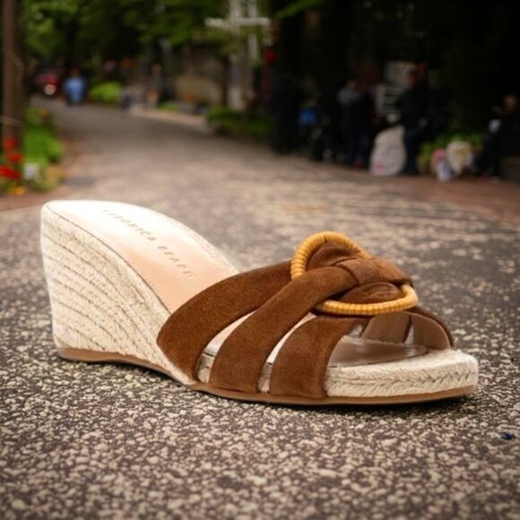 Veronica Beard Ivy Hazelwood Suede Strappy Vamp Woven Wedge Slide, Size 6.5 - Picture 1 of 11